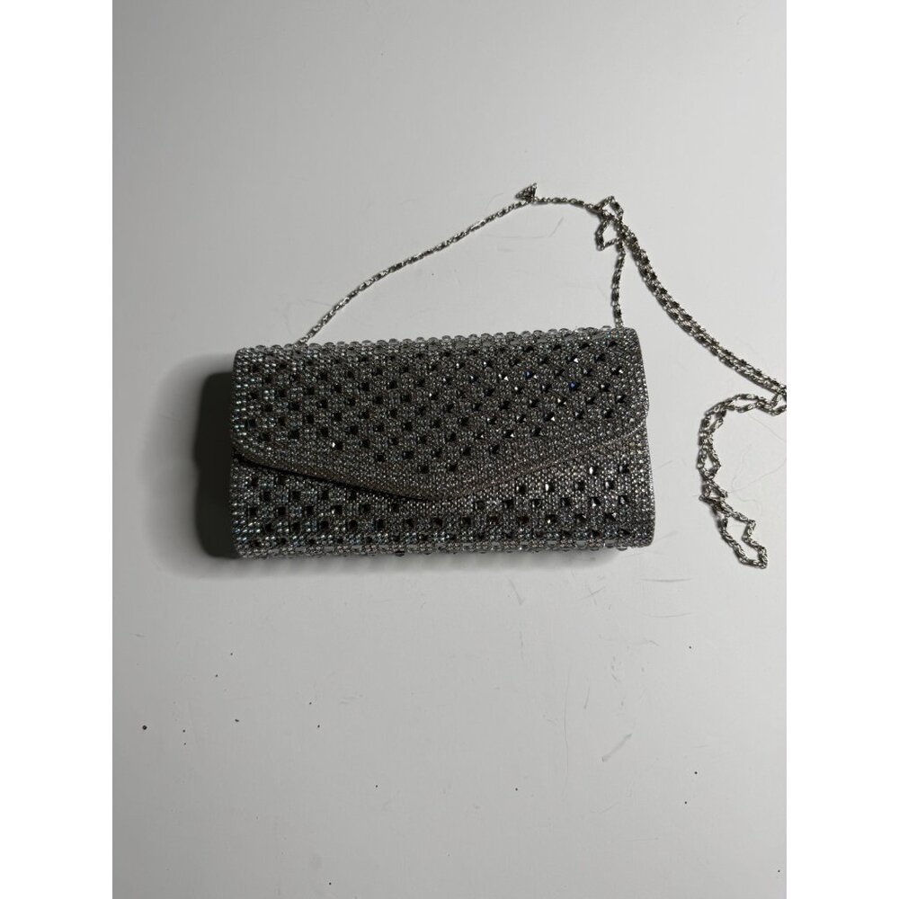 Silver Rhinestone Evening Clutch Purse With Chain Strap